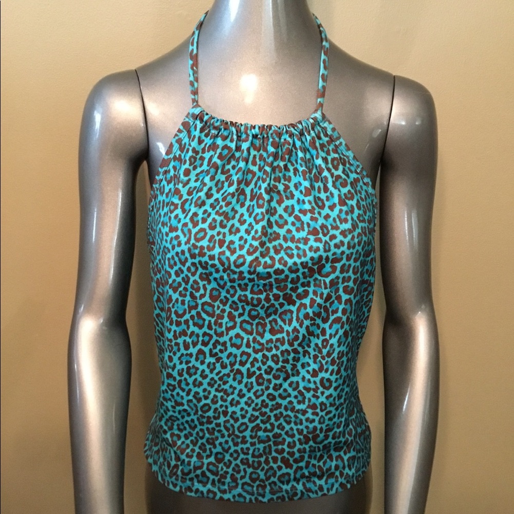 Vintage Eye Candy aqua leopard cropped halter top